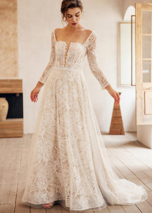 Square Neck Ivory Lace Tulle Floral Wedding Dress